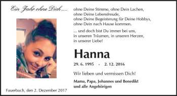 Traueranzeige von Hanna  von  Kreisanzeiger