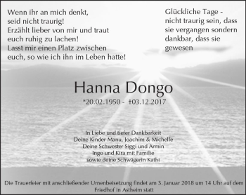 Traueranzeige von Hanna Dongo von Trauerportal Rhein Main Presse