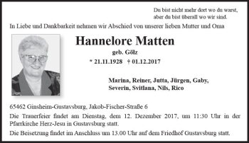 Traueranzeige von Hannelore Matten von Trauerportal Rhein Main Presse
