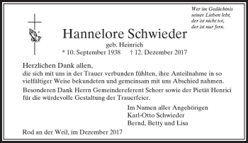 Traueranzeige von Hannelore Schwieder von  Usinger Anzeiger