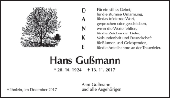 Traueranzeige von Hans Gußmann von Trauerportal Echo Online