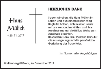 Traueranzeige von Hans Mülich von  Gießener Anzeiger