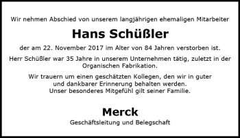Traueranzeige von Hans Schüßler von Trauerportal Echo Online