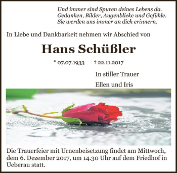 Traueranzeige von Hans Schüßler von Trauerportal Echo Online