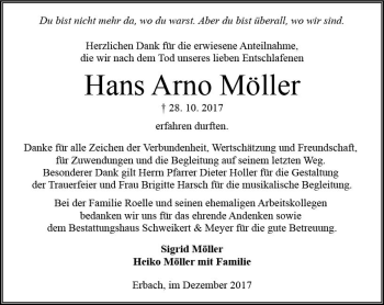 Traueranzeige von Hans Arno Möller von Trauerportal Echo Online