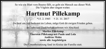 Traueranzeige von Hartmut Pillekamp von VRM Trauer