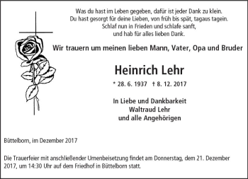 Traueranzeige von Heinrich Lehr von Trauerportal Echo Online