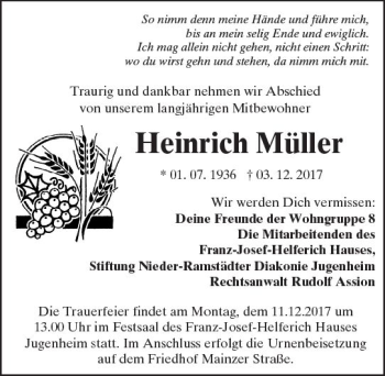 Traueranzeige von Heinrich Müller von Trauerportal Rhein Main Presse