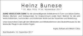 Traueranzeige von Heinz Bunese von Trauerportal Echo Online