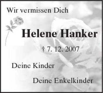 Traueranzeige von Helene Hanker von Trauerportal Rhein Main Presse