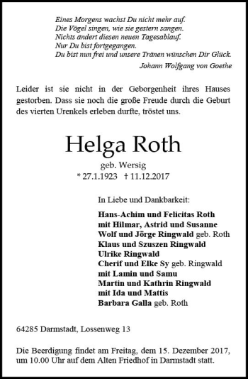 Traueranzeige von Helga Roth von Trauerportal Echo Online