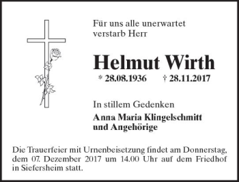Traueranzeige von Helmut Wirth von Trauerportal Rhein Main Presse