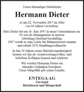 Traueranzeige von Hermann Dieter von Trauerportal Echo Online