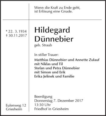 Traueranzeige von Hildegard Dünnebier von Trauerportal Echo Online
