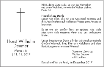 Traueranzeige von Horst Wilhelm Deumer von  Gießener Anzeiger