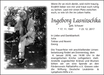 Traueranzeige von Ingeborg Lasnitscaka von  Gießener Anzeiger