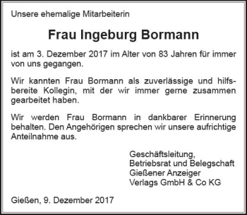 Traueranzeige von Ingeburg Bormann von  Gießener Anzeiger