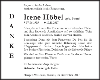 Traueranzeige von Irene Höbel von Trauerportal Rhein Main Presse