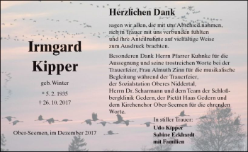 Traueranzeige von Irmgard Kipper von  Kreisanzeiger
