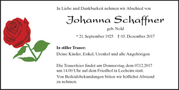 Traueranzeige von Johanna Schaffner von Trauerportal Echo Online