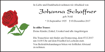 Traueranzeige von Johanna Schaffner von Trauerportal Echo Online