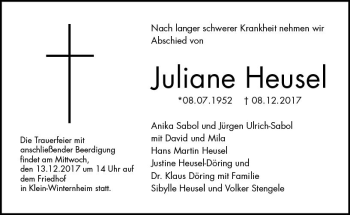 Traueranzeige von Juliane Heusel von Trauerportal Rhein Main Presse