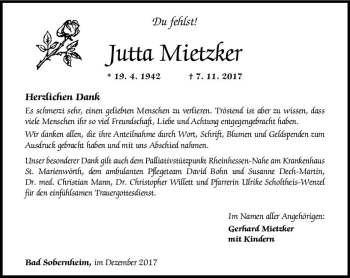 Traueranzeige von Jutta Mietzker von Trauerportal Rhein Main Presse