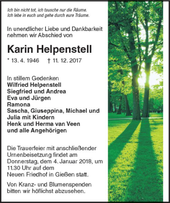 Traueranzeige von Karin Helpenstell von  Gießener Anzeiger