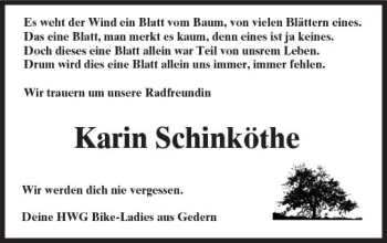 Traueranzeige von Karin Schinköthe von  Kreisanzeiger