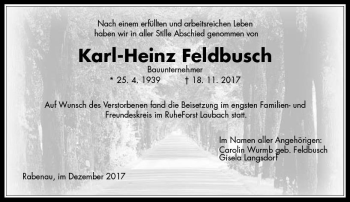 Traueranzeige von Karl-Heinz Feldbusch von  Gießener Anzeiger