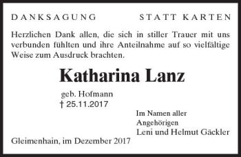 Traueranzeige von Katharina Lanz von VRM Trauer