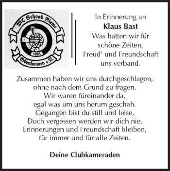 Traueranzeige von Klaus Bast von VRM Trauer