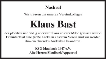 Traueranzeige von Klaus Bast von VRM Trauer