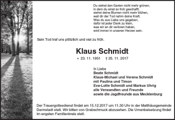 Traueranzeige von Klaus Schmidt von Trauerportal Echo Online