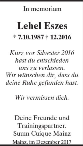 Traueranzeige von Lehel Eszes von Trauerportal Rhein Main Presse