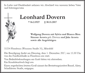 Traueranzeige von Leonhard Dovern von Trauerportal Rhein Main Presse