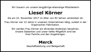 Traueranzeige von Liesel Körner von Trauerportal Echo Online