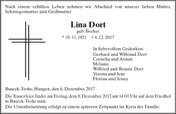 Traueranzeige von Lina Dort von  Gießener Anzeiger