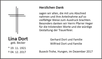 Traueranzeige von Lina Dort von  Gießener Anzeiger