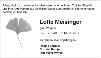 Traueranzeige von Lotte Meisinger von Trauerportal Echo Online