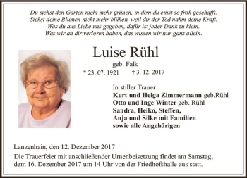 Traueranzeige von Luise Rühl von VRM Trauer