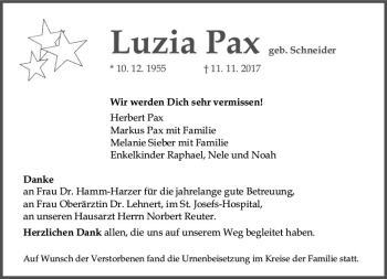 Traueranzeige von Luzia Pax von Trauerportal Rhein Main Presse