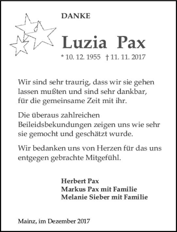 Traueranzeige von Luzia Pax von Trauerportal Rhein Main Presse