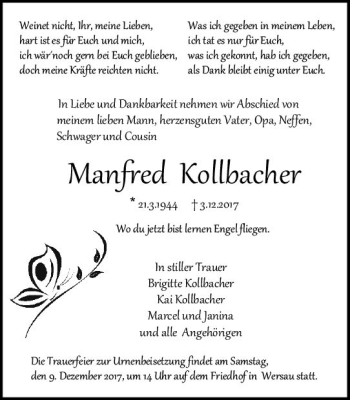 Traueranzeige von Manfred Kollbacher von Trauerportal Echo Online