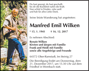 Traueranzeige von Manfred Emil Wilken von Trauerportal Echo Online