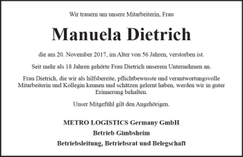Traueranzeige von Manuela Dietrich von Trauerportal Rhein Main Presse