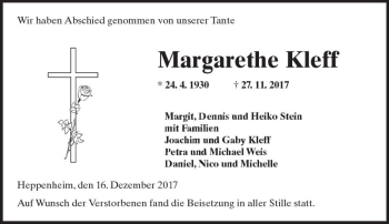 Traueranzeige von Margarete Kleff von Trauerportal Echo Online