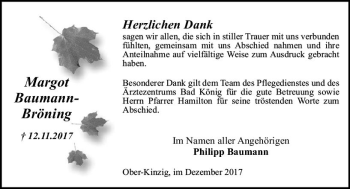 Traueranzeige von Margot Baumann-Bröning von Trauerportal Echo Online