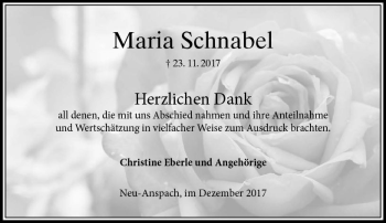 Traueranzeige von Maria Schnabel von  Usinger Anzeiger