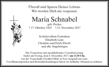 Traueranzeige von Maria Schnabel von  Usinger Anzeiger
